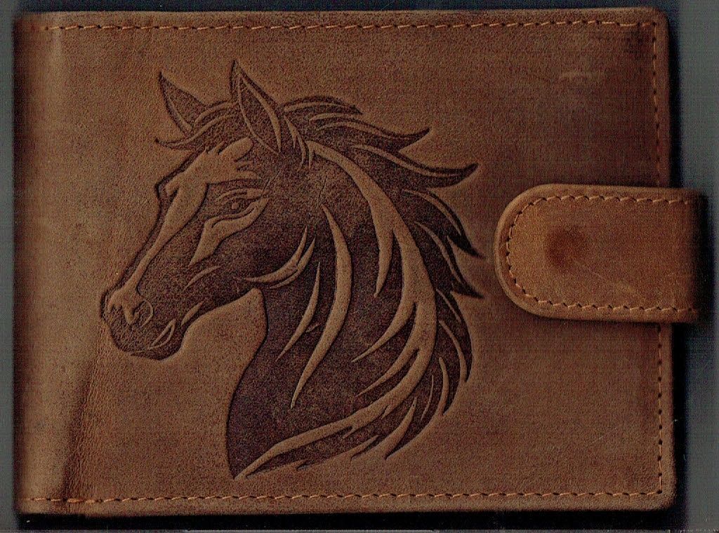 Porte-Feuille 156 Imprimé "Portrait de Cheval" - Cuir de Vachette - Camel Vieillie - Système RFID Horizontal