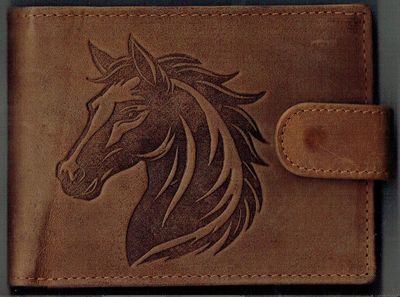 Porte-Feuille 156 Imprimé "Portrait de Cheval" - Cuir de Vachette - Camel Vieillie - Système RFID Horizontal