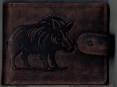 Porte-Feuille 156 Imprimé "Sanglier" - Cuir de Vachette - Marron Vieillie - Système RFID Horizontal