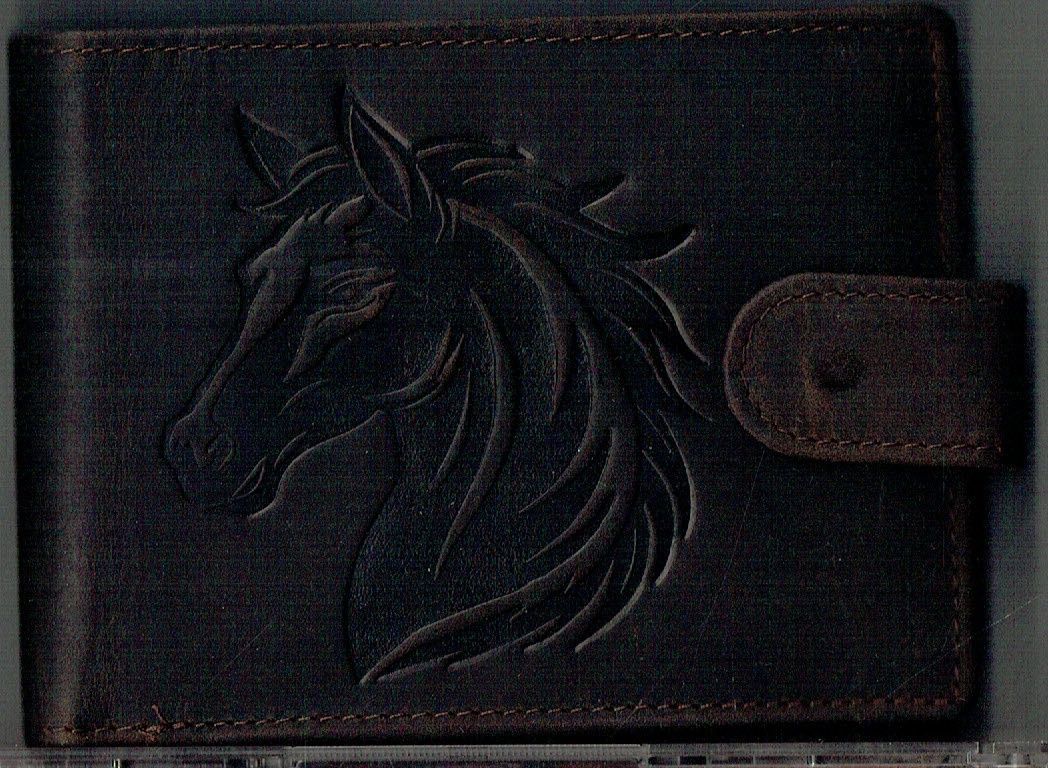 Porte-Feuille 156 Imprimé "Portrait de Cheval" - Cuir de Vachette - Marron Vieillie - Système RFID Horizontal
