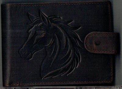 Porte-Feuille 156 Imprimé "Portrait de Cheval" - Cuir de Vachette - Marron Vieillie - Système RFID Horizontal