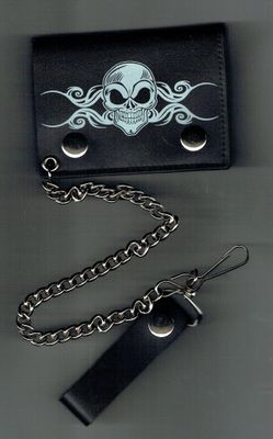 Porte-Feuille, "Crâne Blanc Souriant" avec Chaîne de Ceinture, de 35 cm, Cuir Noir Rigide de Vachette, Vertical