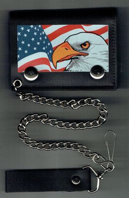 Porte-Feuille, "Portrait d'un Aigle sur Drapeau Américain" avec Chaîne de Ceinture, de 35 cm, Cuir Noir Rigide de Vachette, Vertical