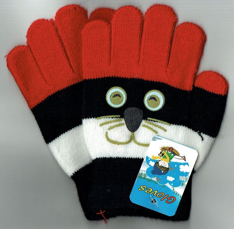 Une Paire de Gants pour "les Enfants" Imprimé avec une Tête de Chatons au Dessus, de Couleur Noir/Rouge, pour une Taille Unis de 9x12 cm...