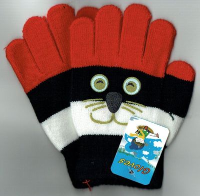 Une Paire de Gants pour "les Enfants" Imprimé avec une Tête de Chatons au Dessus, de Couleur Noir/Rouge, pour une Taille Unis de 9x12 cm...