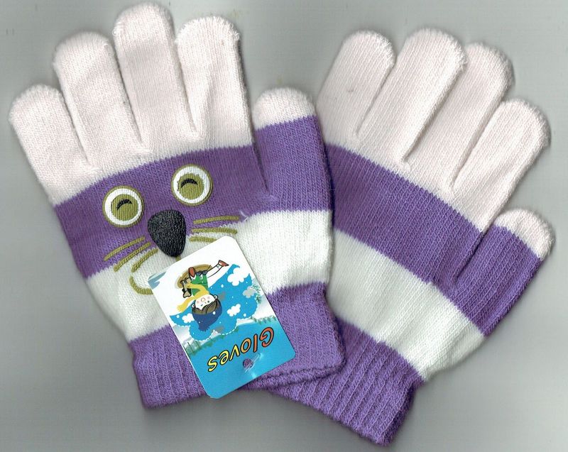 Une Paire de Gants pour "les Enfants" Imprimé avec une Tête de Chatons au Dessus, de Couleur Violet/Rose Claire, pour une Taille Unis de 9x12 cm...