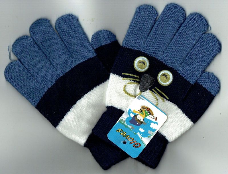 Une Paire de Gants pour "les Enfants" Imprimé avec une Tête de Chatons au Dessus, de Couleur Noir/Bleu, pour une Taille Unis de 9x12 cm...