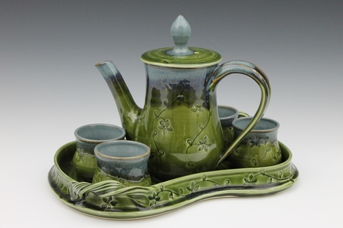 Handmade Ceramic tea set in green