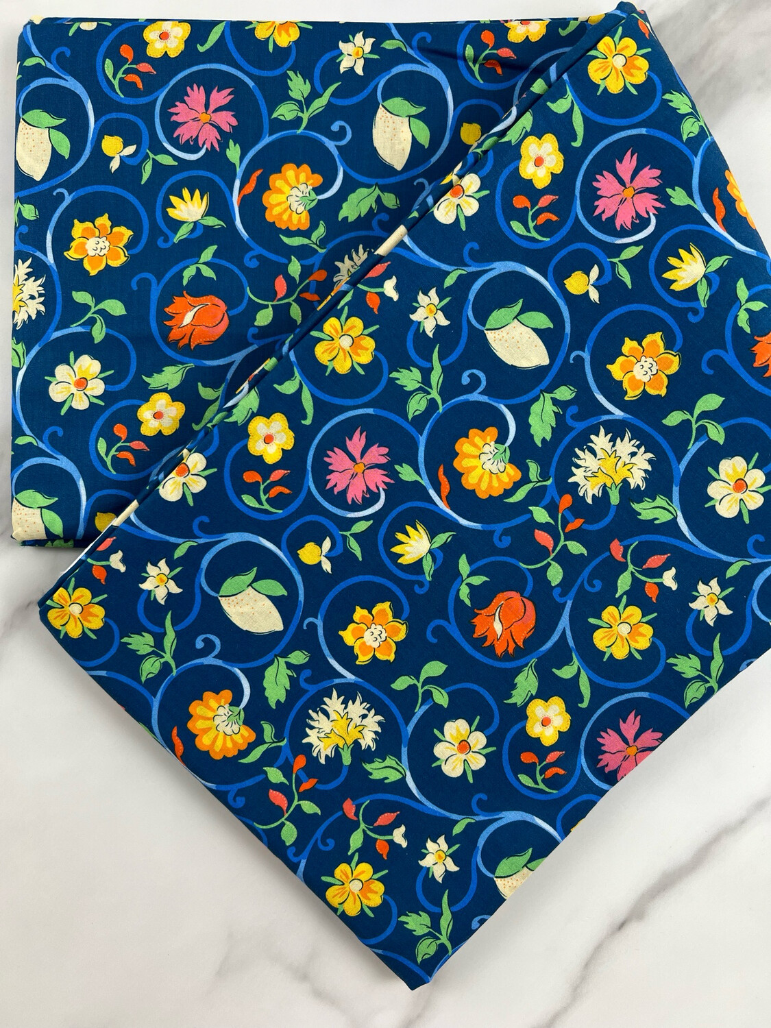 Tana Lawn Cotton Fabric- Flower Swirl Navy