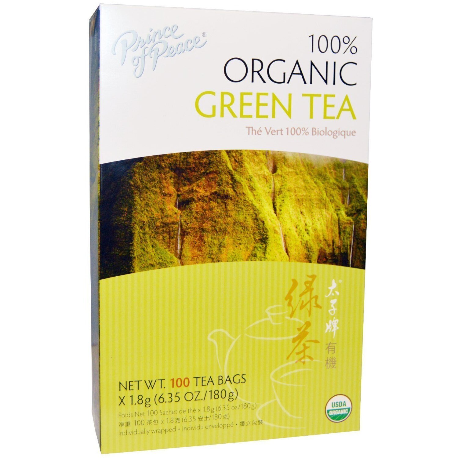 شاي أخضر عضوي 100%، 100 كيس شاي