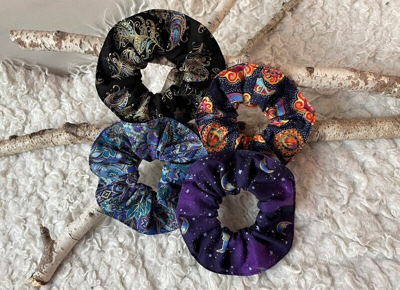 Scrunchies bunt Golddruck Sonne Mond Sterne Glitzer - Nachtkerze