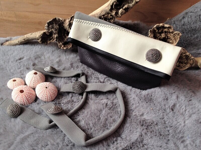 Clutch & Henkeltasche Kunstleder grau-schwarz-creme personalisierbar