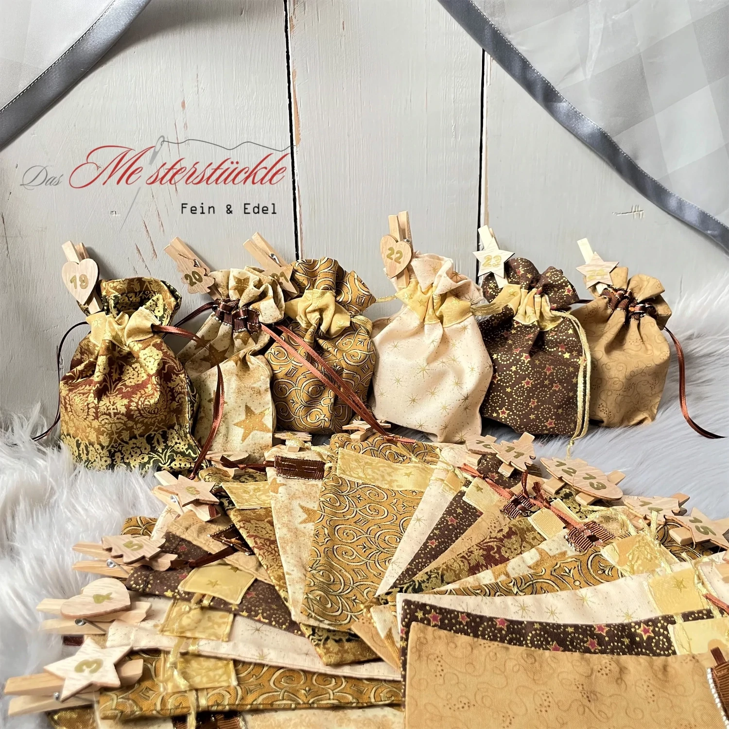 XXL-Adventskalender-Säckchen handgefertigt braun gold Geschenkbeutel Weihnachtstüten