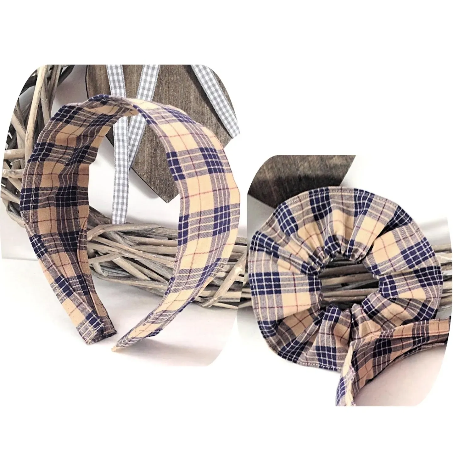 Hair band plaited elastic checkered blue beige rockabilly style