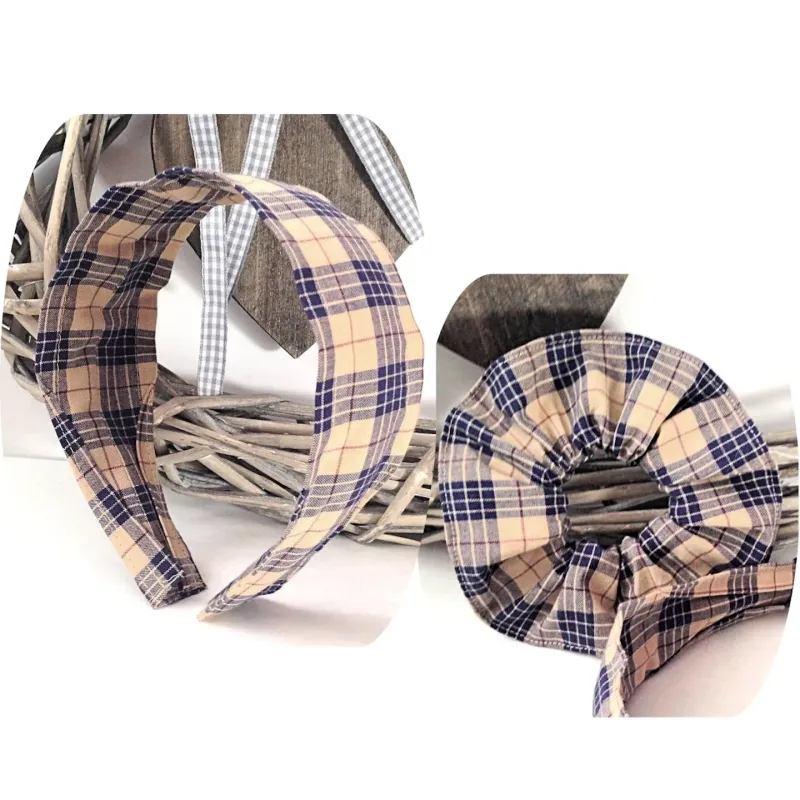 Hair band plaited elastic checkered blue beige rockabilly style