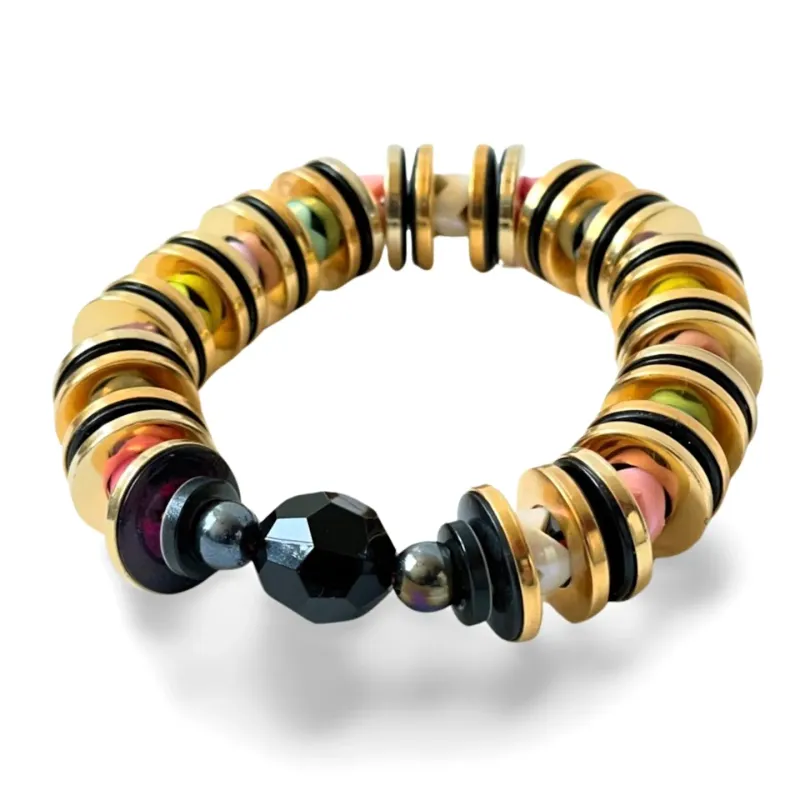 Wide cuff stretchy gold-colored colorful bangle hippie style
