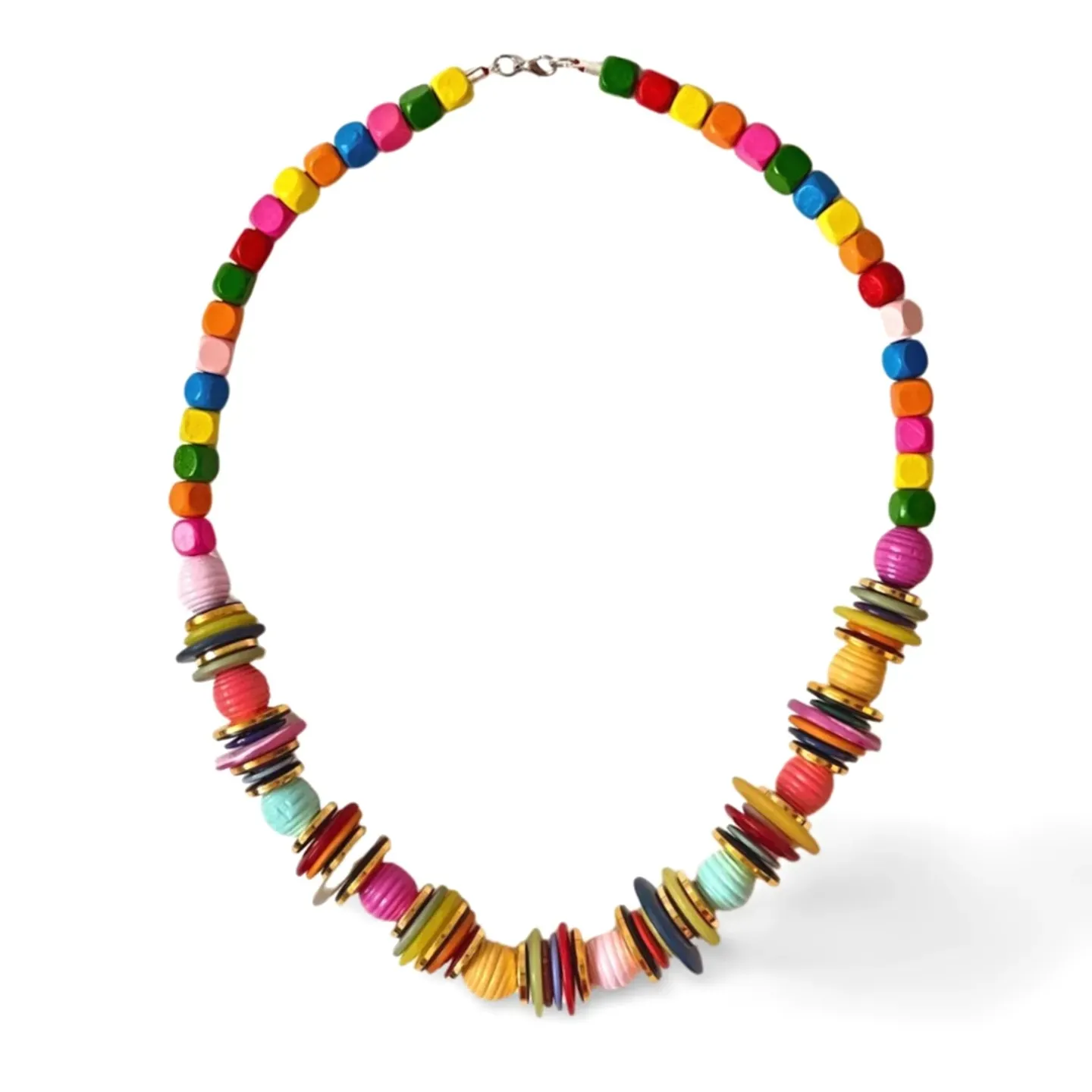 Button chain statement jewelry thick long gold-colored colorful woman colorful long chunky statement necklace versatile on trend multicolored gold