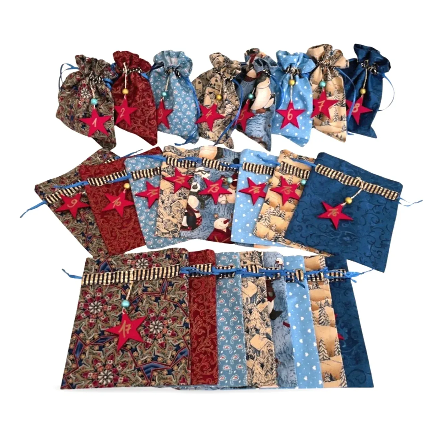 Christmas calendar 24 fabric bags to fill yourself with wooden numbers blue red