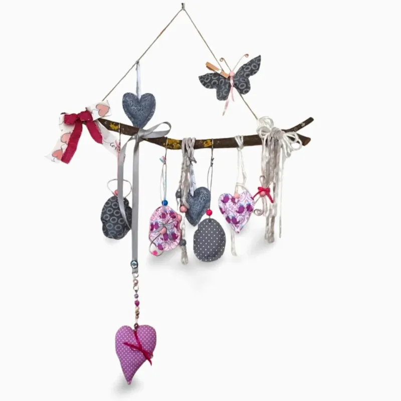 branch hanger decorative Easter decoration fabric hearts pink grey