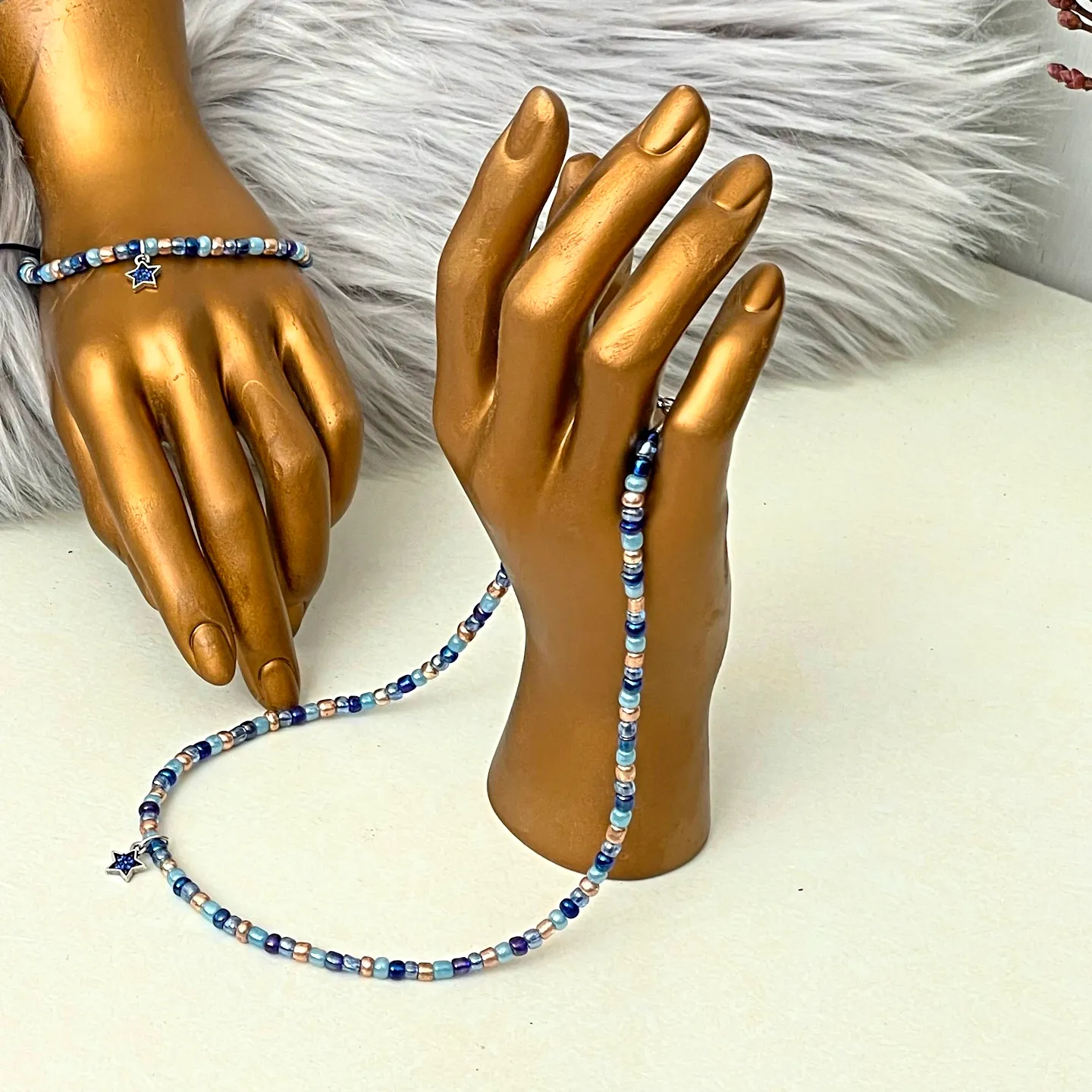 schmuckset perlenschmuck blau halskette armband duenn