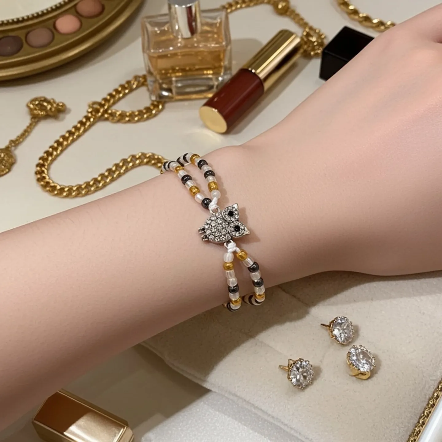 schmales perlenarmband doppelreihig eule mit strass kaufen