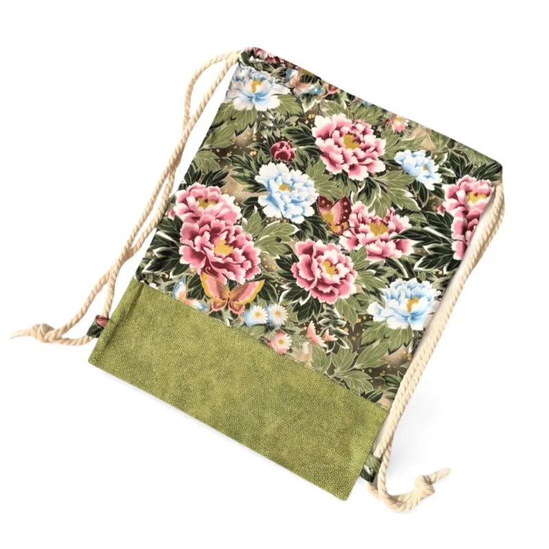 personalized gym bag with flower motif, green and colorful shopper