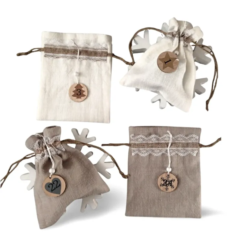 Advent calendar bags fill yourself, stonewashed linen bags, gift bags, 24 wooden numbers