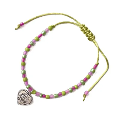 dirndl bracelet hand threaded heart pendant pink green colorful