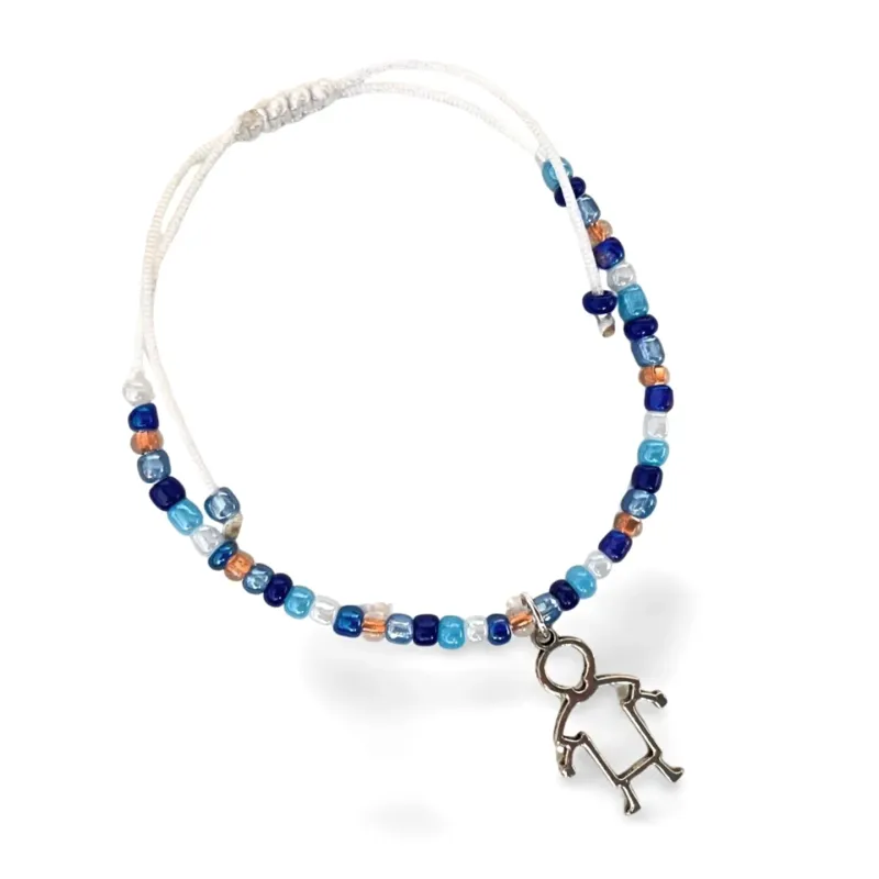 Adjustable bracelet with pendant blue and white glass beads