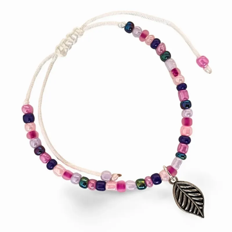 thin beaded bracelet silver-colored leaf pendant pink hand-threaded