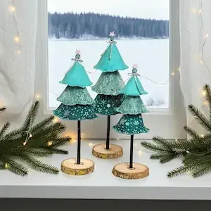 Handmade textile Christmas trees in ice blue with silver accents in three different sizes