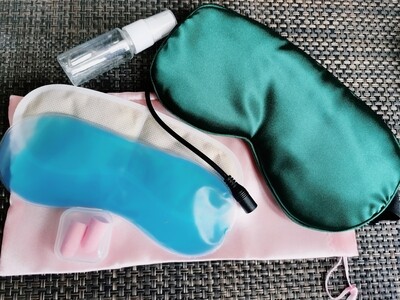 Satin Heated Eye Mask Beauty Sleep Kit (with electric heater &amp; fragrant floral pack) + free earbuds and cooling gel pack