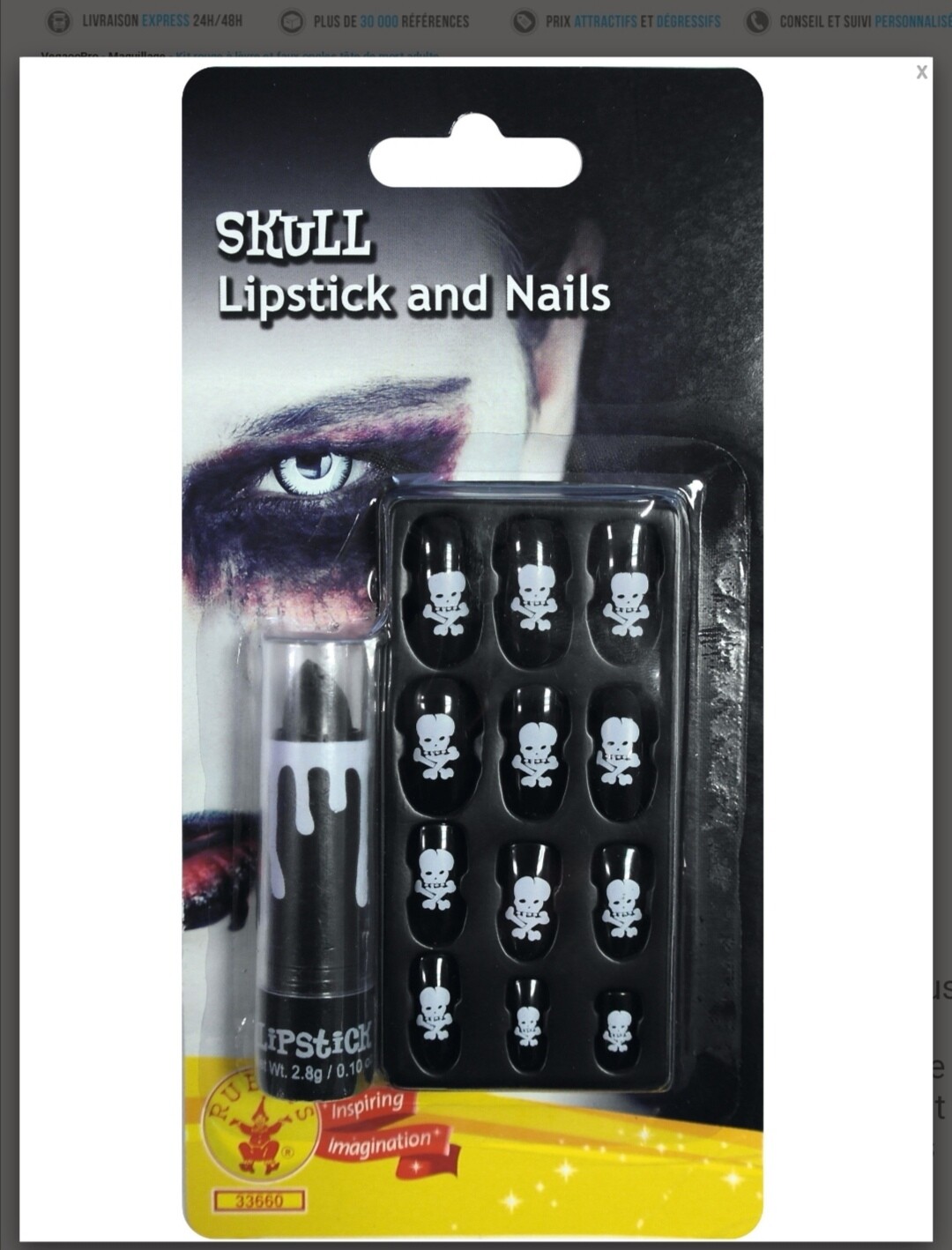 Kit Halloween rouge à lèvres et faux ongles tête de mort 
