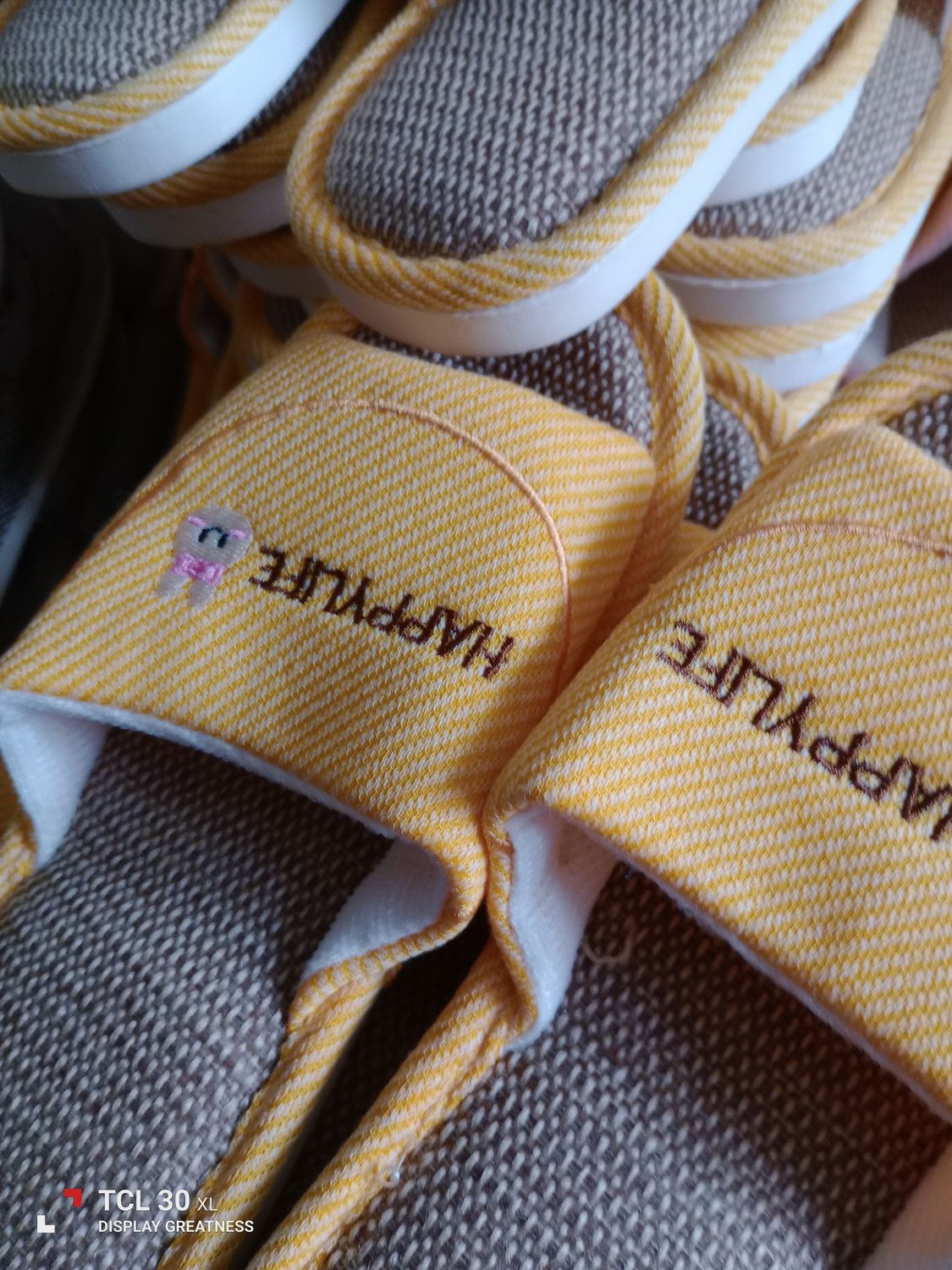 Happy Life Bunny Face - Yellow Logo Slippers - Size Small, Medium &amp; Large