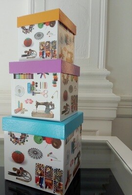 Set of 3 nested storage boxes with sewing theme