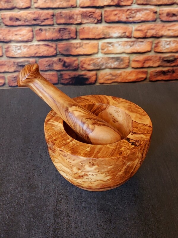 Mörser mit Stößel aus Olivenholz, Holzmörser, Gewürzmühle Ø 14 cm