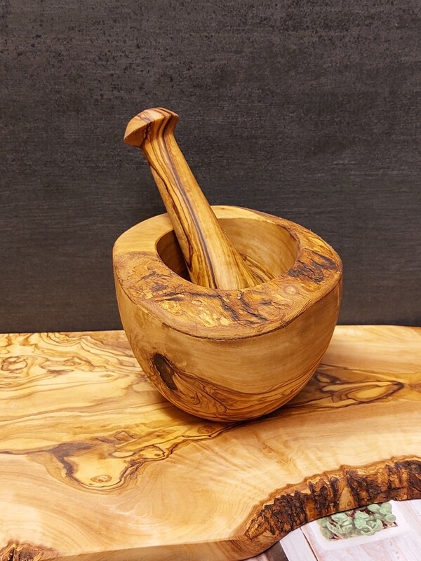 XXL rustikal Mörser mit Stößel aus Olivenholz, Holzmörser, Gewürzmühle, Gewürz Mörser Ø 14 cm