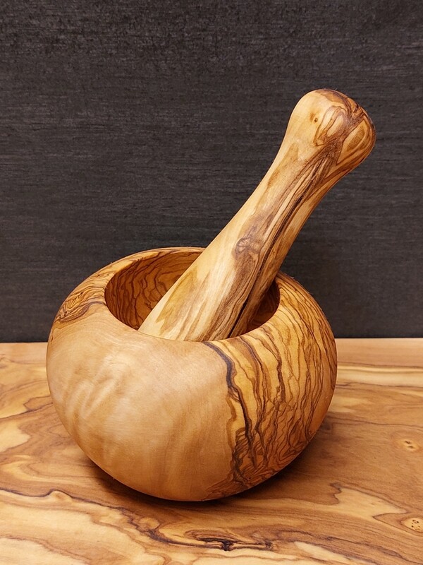 Mörser mit Stößel aus Olivenholz, Holzmörser, Gewürzmühle, Gewürz Mörser Ø 10, Geschenk