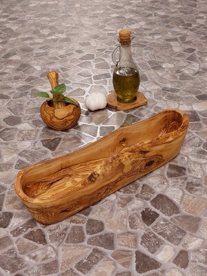 Olivenholz Baguetteschale, Obstschale rustikal Naturschnitt 36-38 cm, Schale, Brotschale, Geschenk, handgefertigt