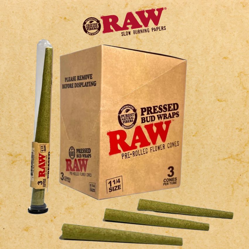 RAW 1 1/4 PRESSED BUD WRAPS 3CT CONES RAW 1 1/4 PRESSED BUD WRAPS 3CT CONES