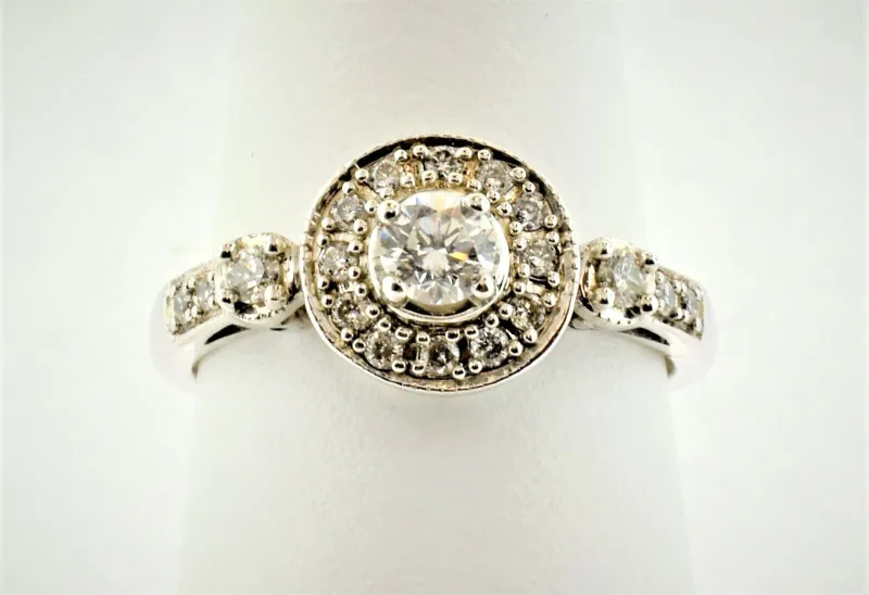 14k White Gold Halo Engagement Ring w/Side Accents