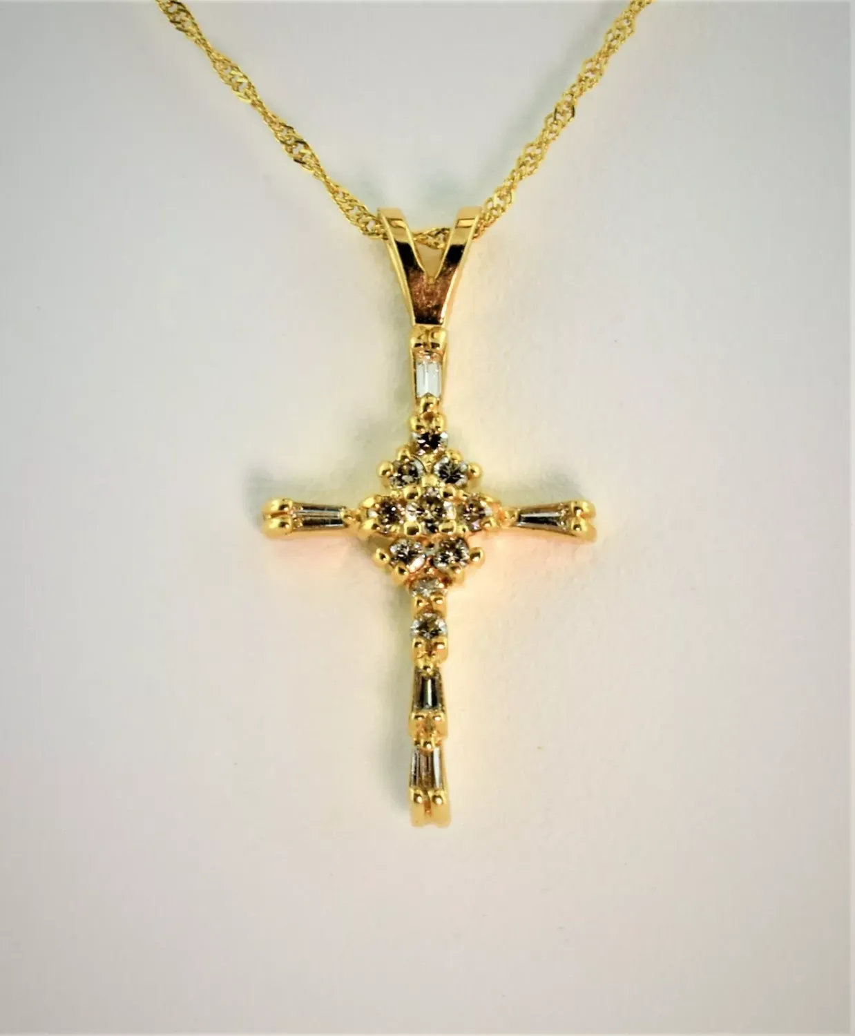 14K Yellow Gold Diamond Cluster Christian Cross w/ Baguette & Round Diamonds