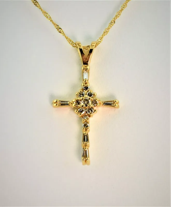 14K Yellow Gold Diamond Cluster Christian Cross w/ Baguette & Round Diamonds
