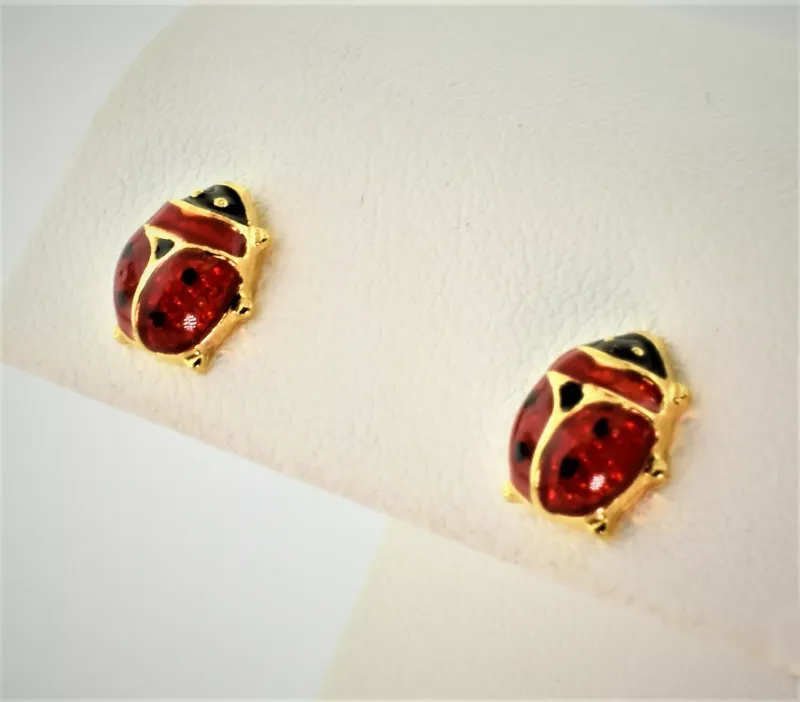 Black Spotted Red Ladybug in 14K Yellow Gold Stud Earrings