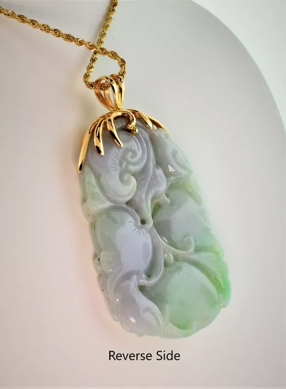 Lovely Lavender & Green Jade Pendant with Tree Animals - Birds and Squirrels