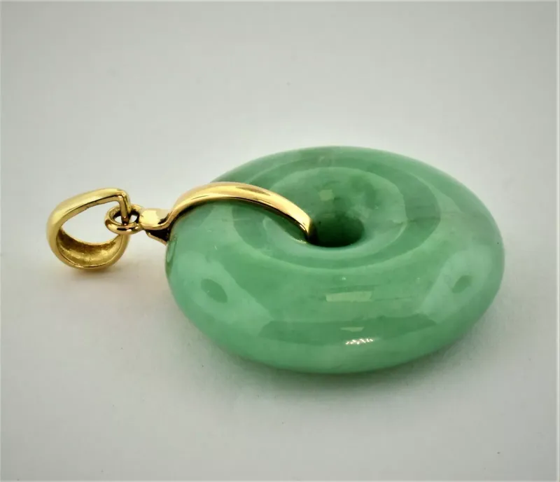 Mint Green Jade Donut Shaped Disc w/ 14K Yellow Gold Strap & Bail Lovely Pendant