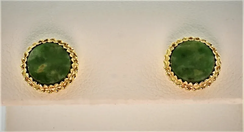 Moss Green Nephrite Jade Sawtooth Bezel Set in 14K Yellow Gold Stud Earrings