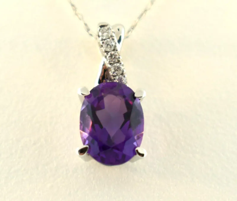 14K White Gold Amethyst and Diamond Pendant