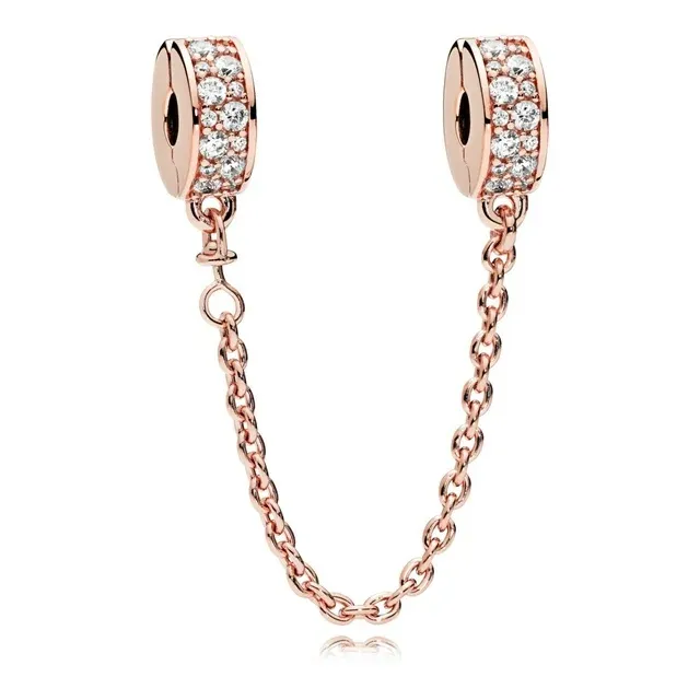 Safety chain in PANDORA Rose with 56 bead-set clear CZ and silicone grip