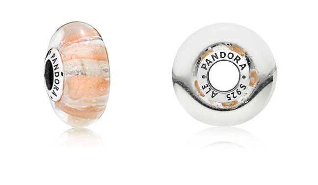 PANDORA -Charm in SS with golden fritt, iridescent and transparent Murano glass